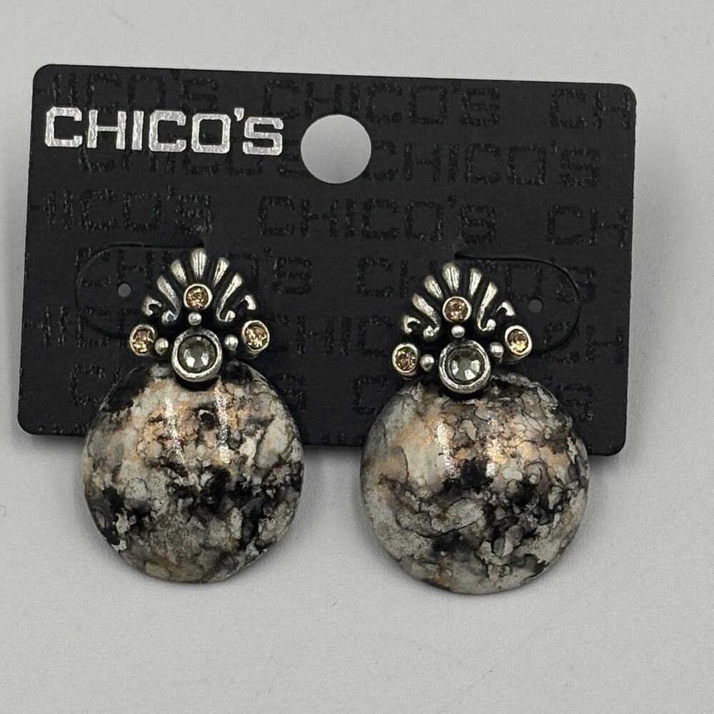 New Chico's Boho Marbled Stud Earrings Black Silver NWT